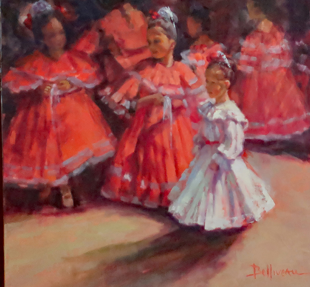 oil painting of young dancers; girl in white in front of others in red